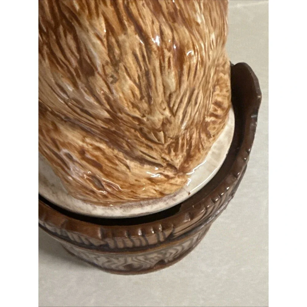 Vtg Cat Cookie Jar Treasure Craft Ceramic Kitten Cat in Barrel  Cottagecore Read